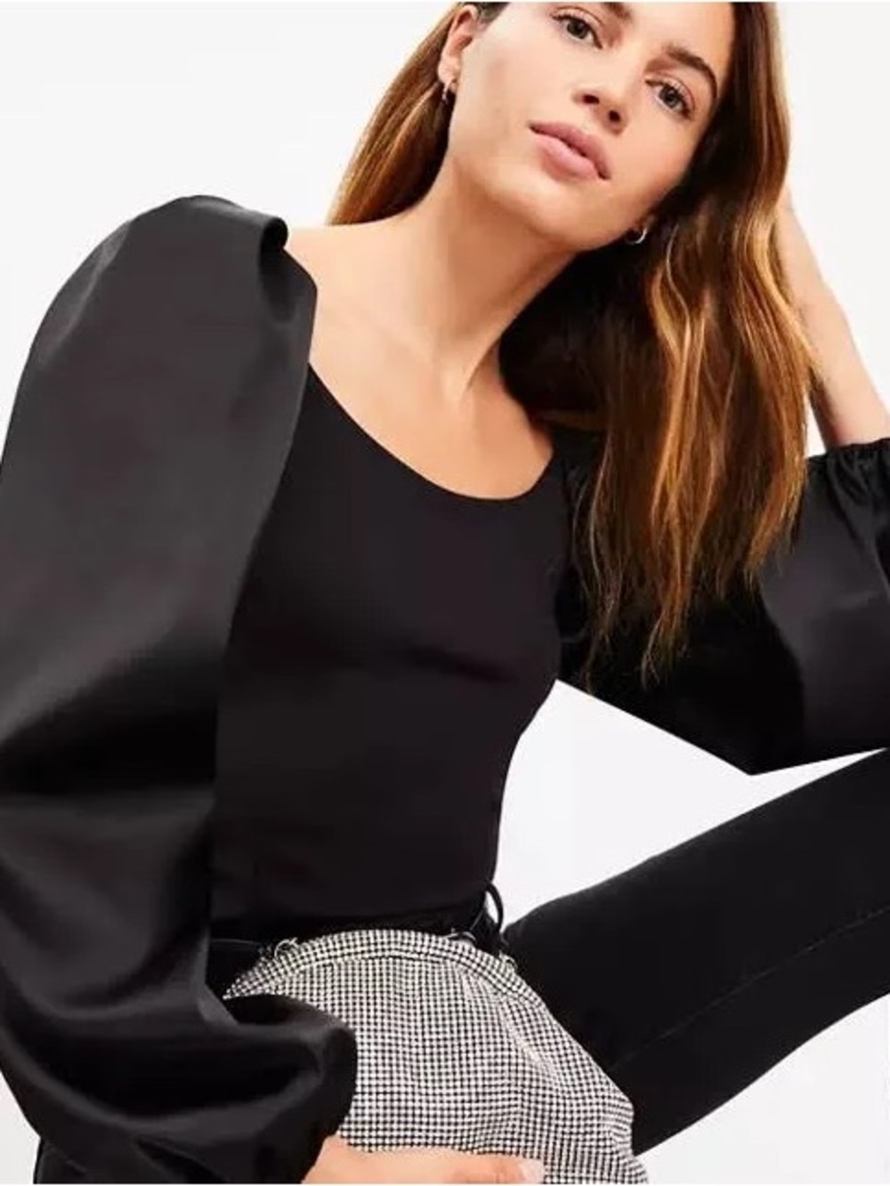 LOFT | Black Satin Puff-Sleeve Top